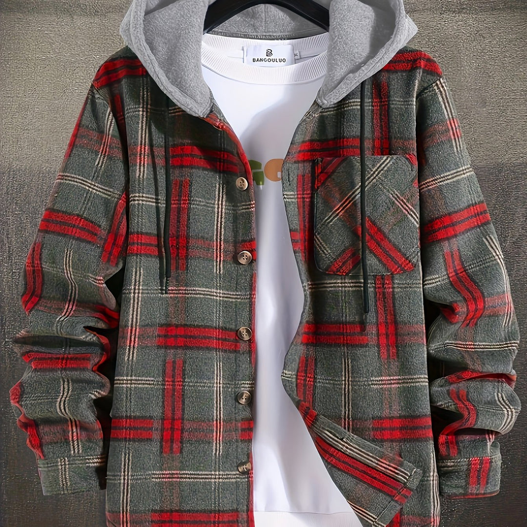 Moderne karierte Herren Jacke mit Kapuze. Lässige Hemdjacke für modebewusste Männer im urbanen Stil.