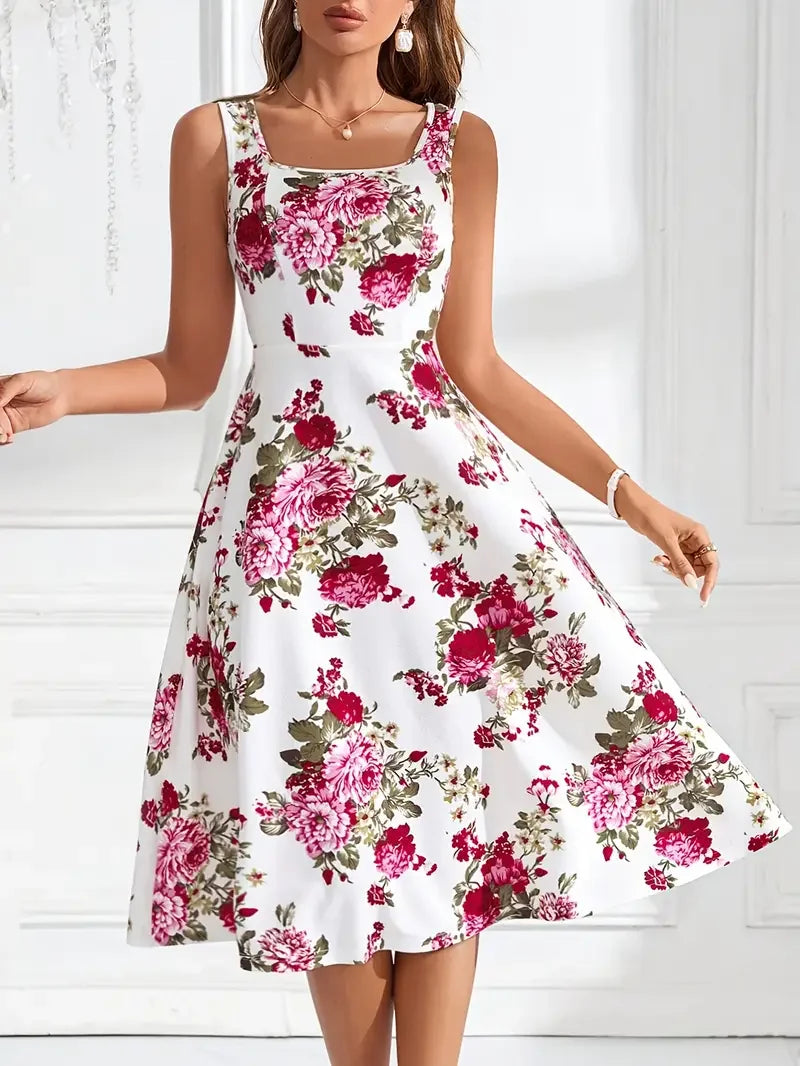 Vielseitiges Damen Midi-Kleid mit Blumenmuster, für Sommerabende oder legere Treffen.