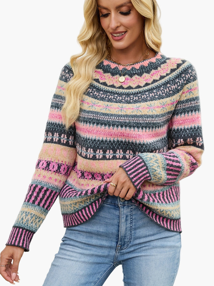 Herbst/Winter Damen Strickpullover mit modischem Fair Isle Muster. Bequemer Rundhals-Pulli für elegante Freizeit.