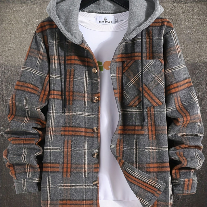 Robuste karierte Outdoor-Hemdjacke für Herren mit Kapuze. Ideal für Herbstaktivitäten und den Freizeit-Look.