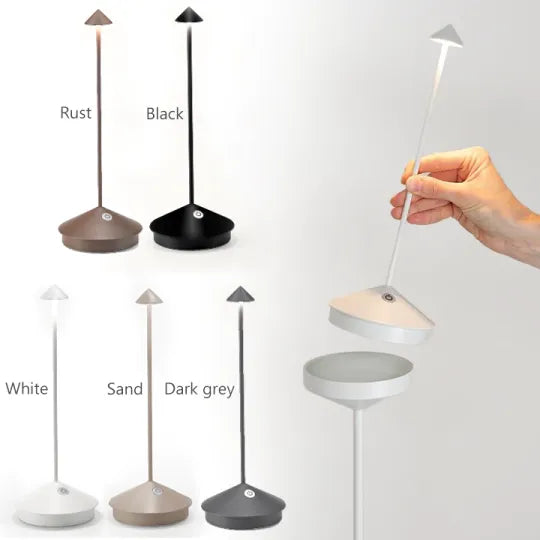 Dimmbare LED-Tischleuchte als Nachttischlampe. Kabellos, modernes Design für Schlafzimmer.