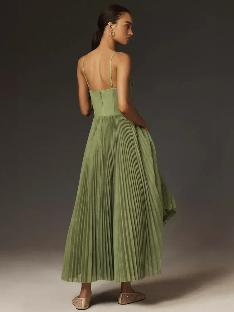 Zeitloses Damen Midi-Kleid, plissiertes Bustierkleid in A-Linie, perfekt für elegante Anlässe im Frühling/Herbst.