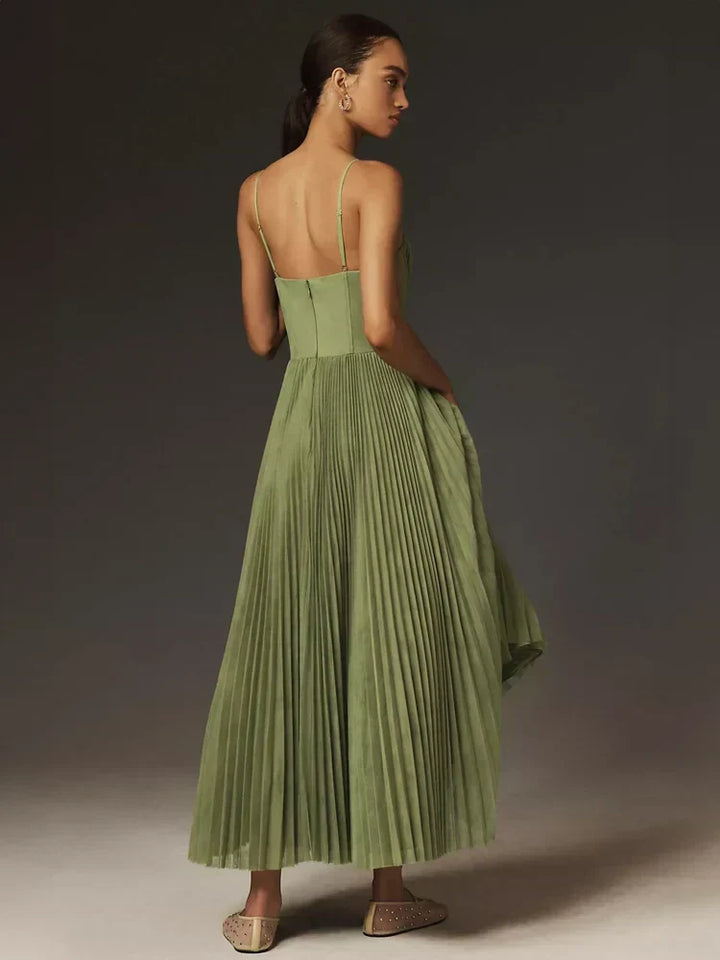 Zeitloses Damen Midi-Kleid, plissiertes Bustierkleid in A-Linie, perfekt für elegante Anlässe im Frühling/Herbst.