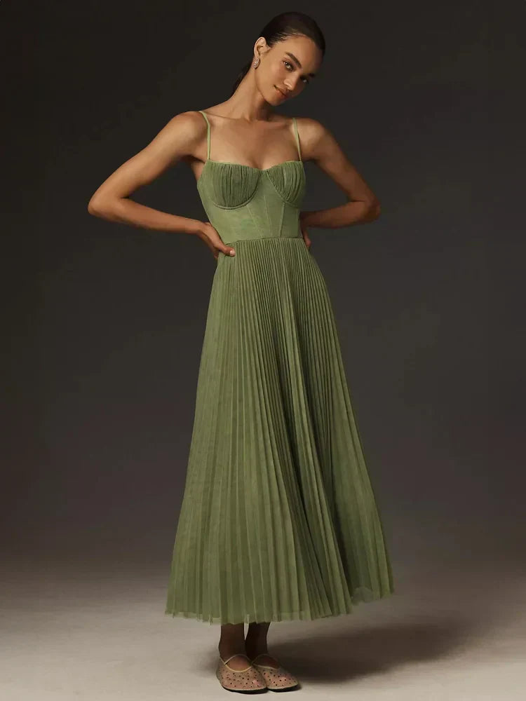 Elegantes Damen Bustier Midi-Kleid, plissiert, perfekt für besondere Anlässe, festliche Frühling/Herbst-Mode.