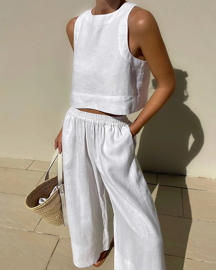 Damen Sommer Zweiteiler: Ärmelloses Top & bequeme Hose für Freizeit & Alltag. Lockere Passform, elegant.