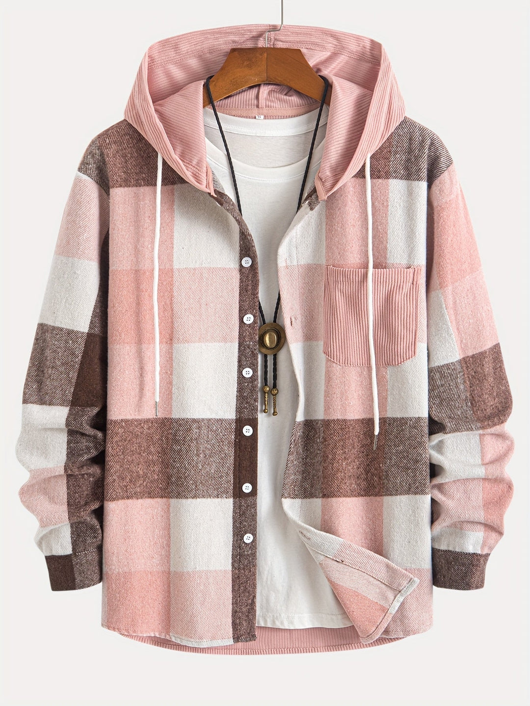 Casual Herren Überhemd, kariertes Muster, Kapuze, Brusttasche, ideal für Herbst & Winter.