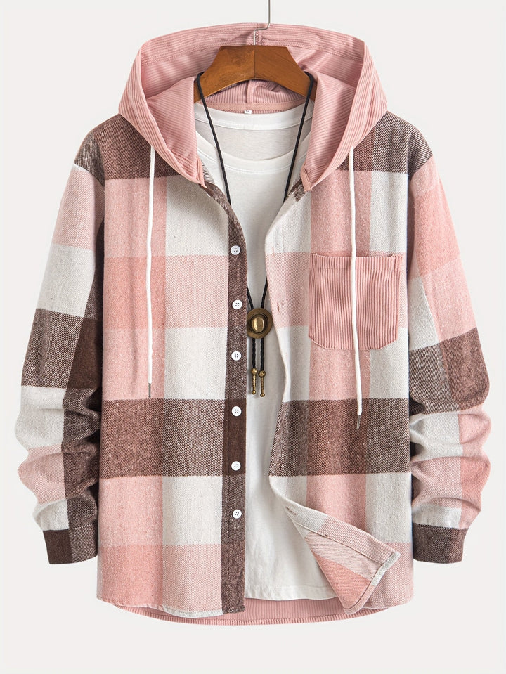 Casual Herren Überhemd, kariertes Muster, Kapuze, Brusttasche, ideal für Herbst & Winter.