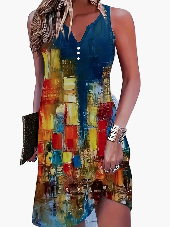 Leichtes gemustertes Damen Sommerkleid mit V-Ausschnitt, perfekt für Strand & Urlaub. Ärmelloses Freizeitkleid.