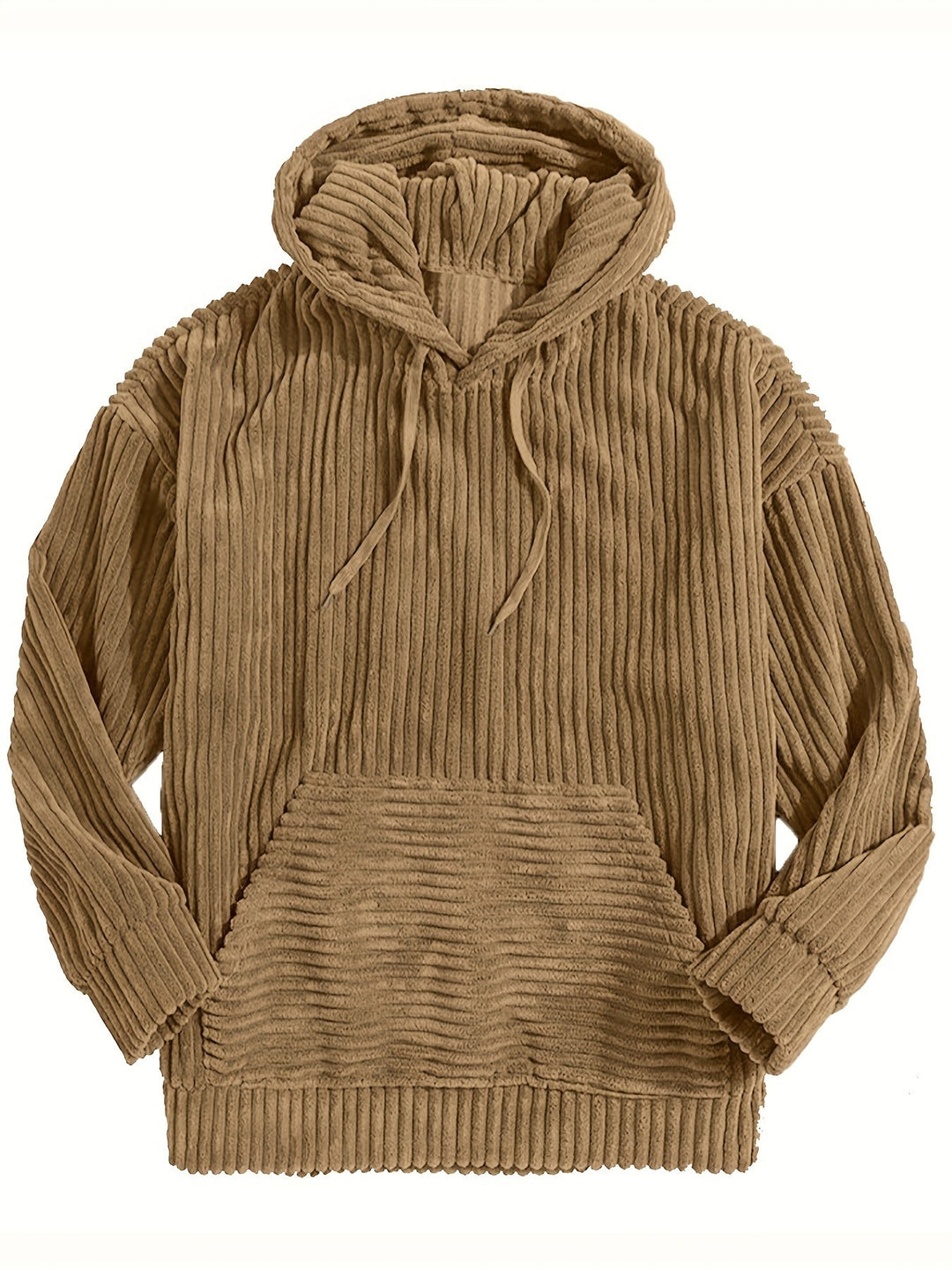 Model trägt bequemen Unisex Rippstrick Kapuzenpullover in Blau, mit Kordelzug und Kängurutasche.