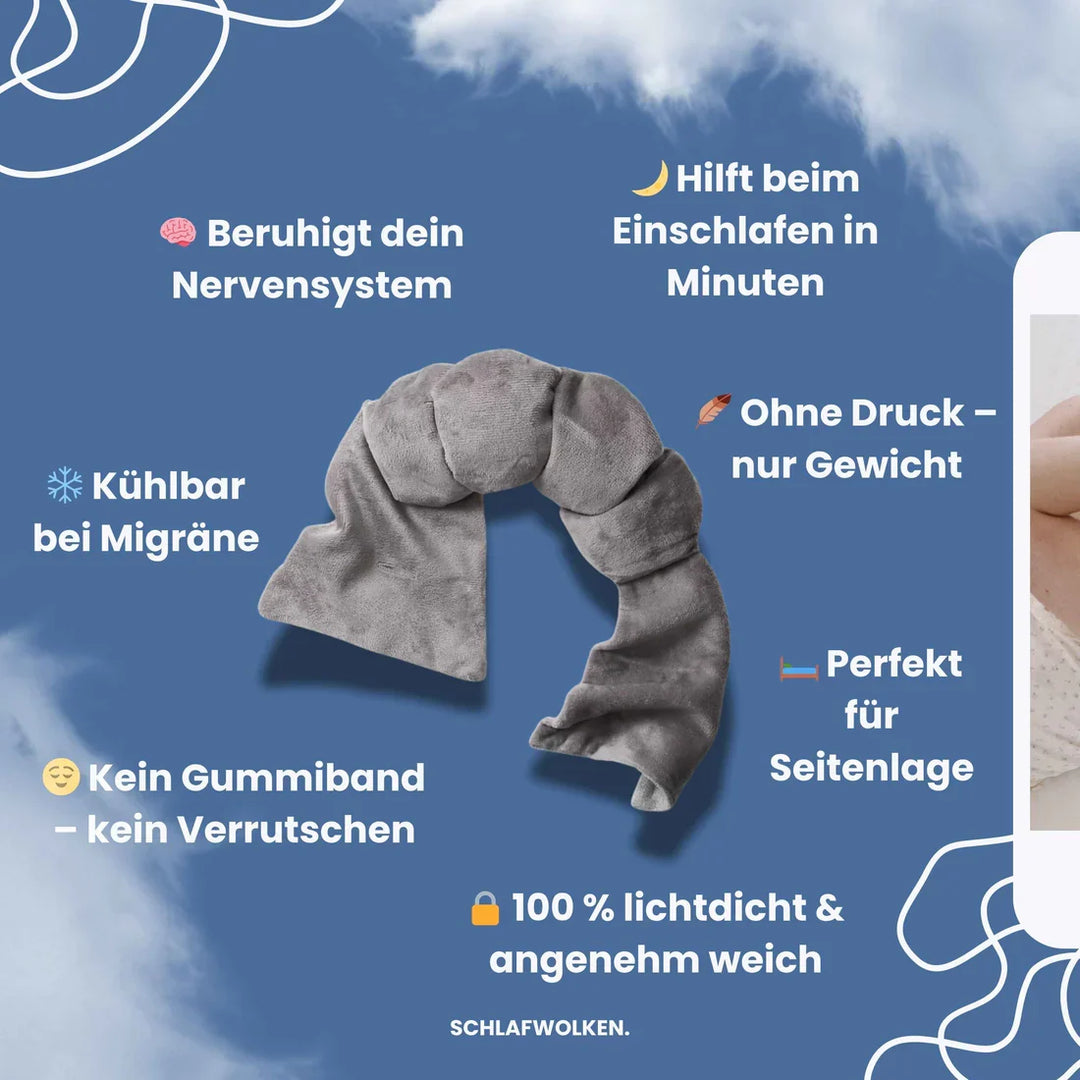 Nahaufnahme der weichen, gewichteten Schlafmaske SchlafSoft in Grau für entspannenden Schlafkomfort.