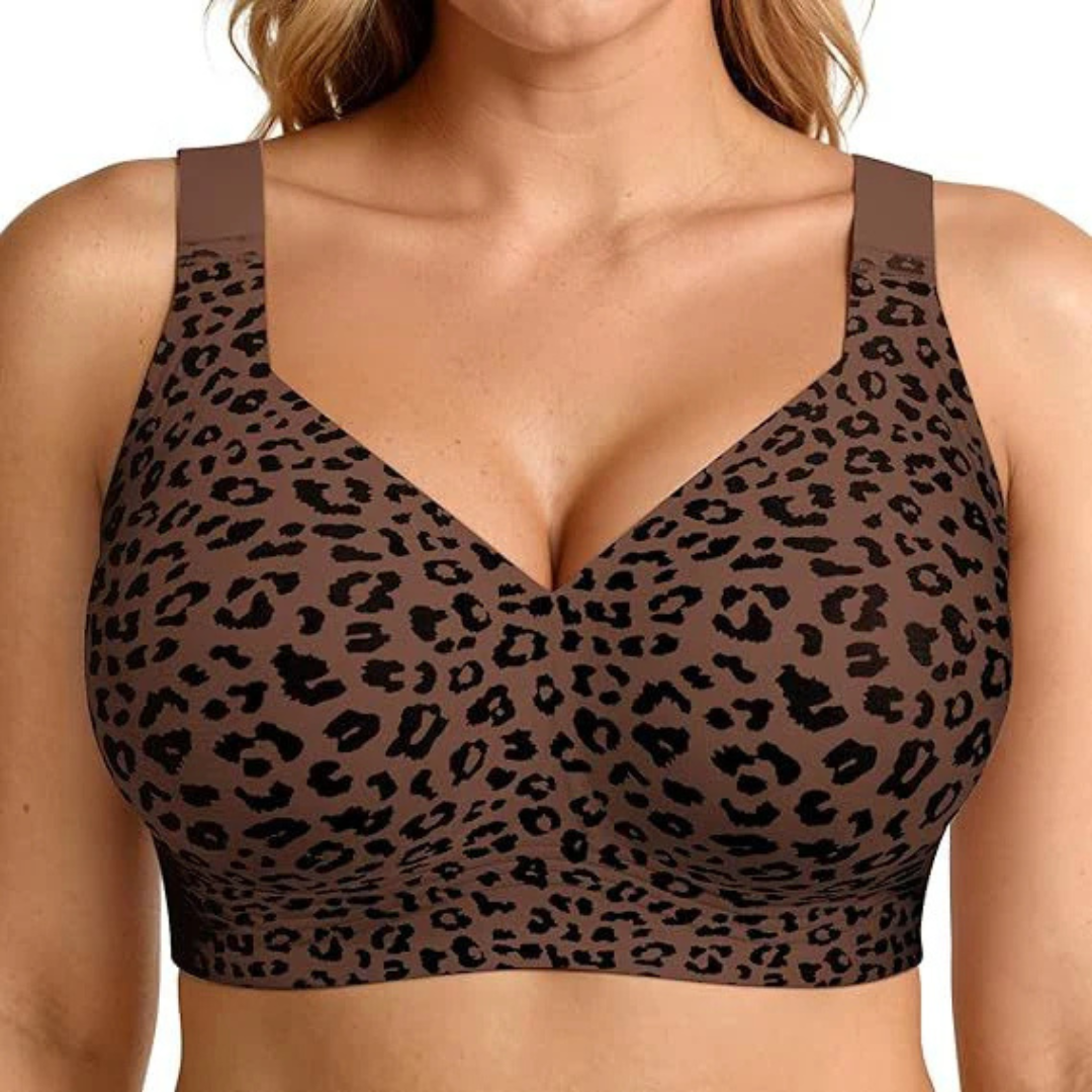 Bügelloser Damen BH im stilvollen Leopard-Muster, kombiniert modisches Design mit unsichtbarem Komfort.
