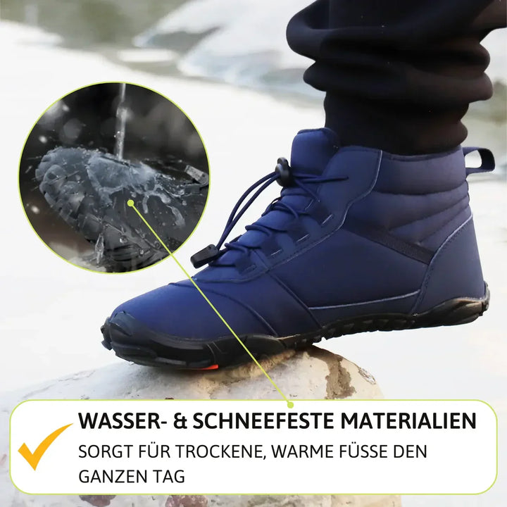 Unisex Barfuß-Winterschuhe, schwarz, beim Wandern; bieten Naturgefühl und Schutz bei jedem Wetter.