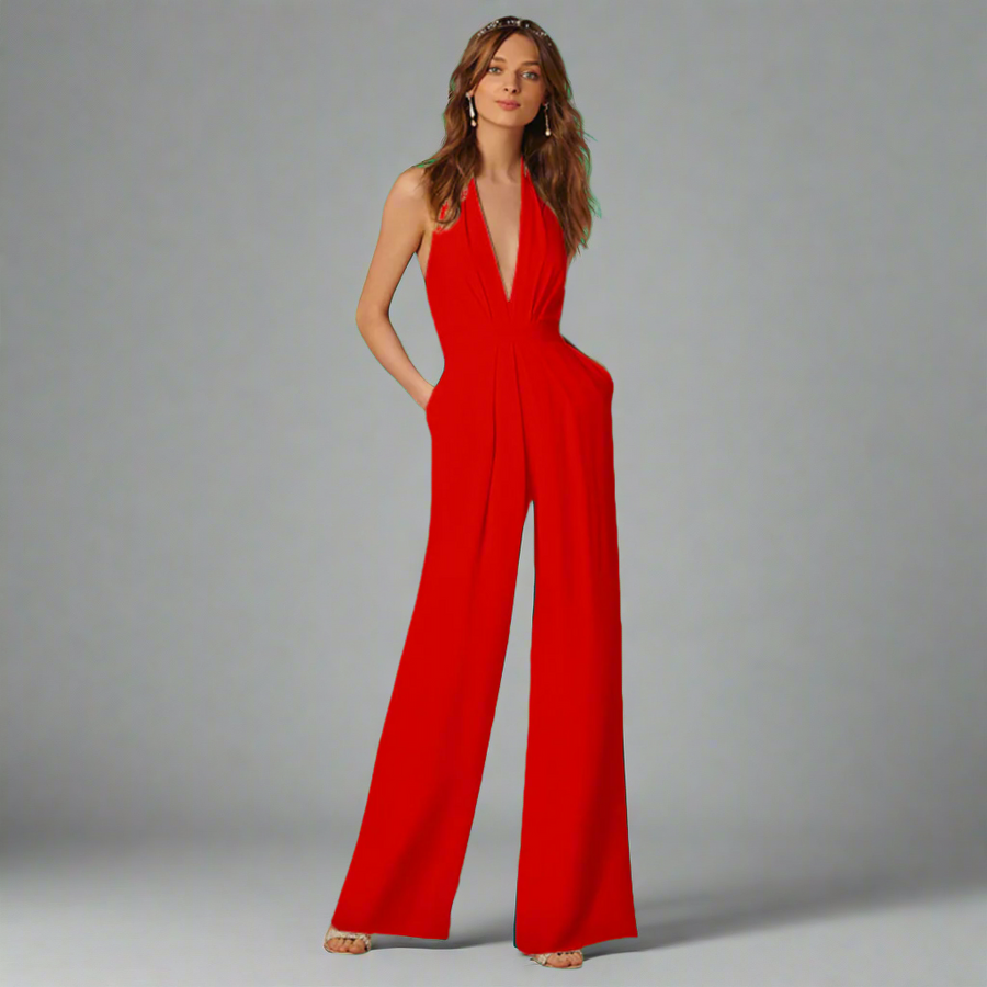 Festlicher Damen Overall mit V-Ausschnitt und weitem Bein für Abendmode.