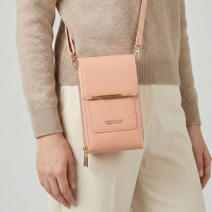 Reisefreundliche PU-Leder Handytasche mit transparentem Touchscreen-Fach und Reißverschluss für Damen.
