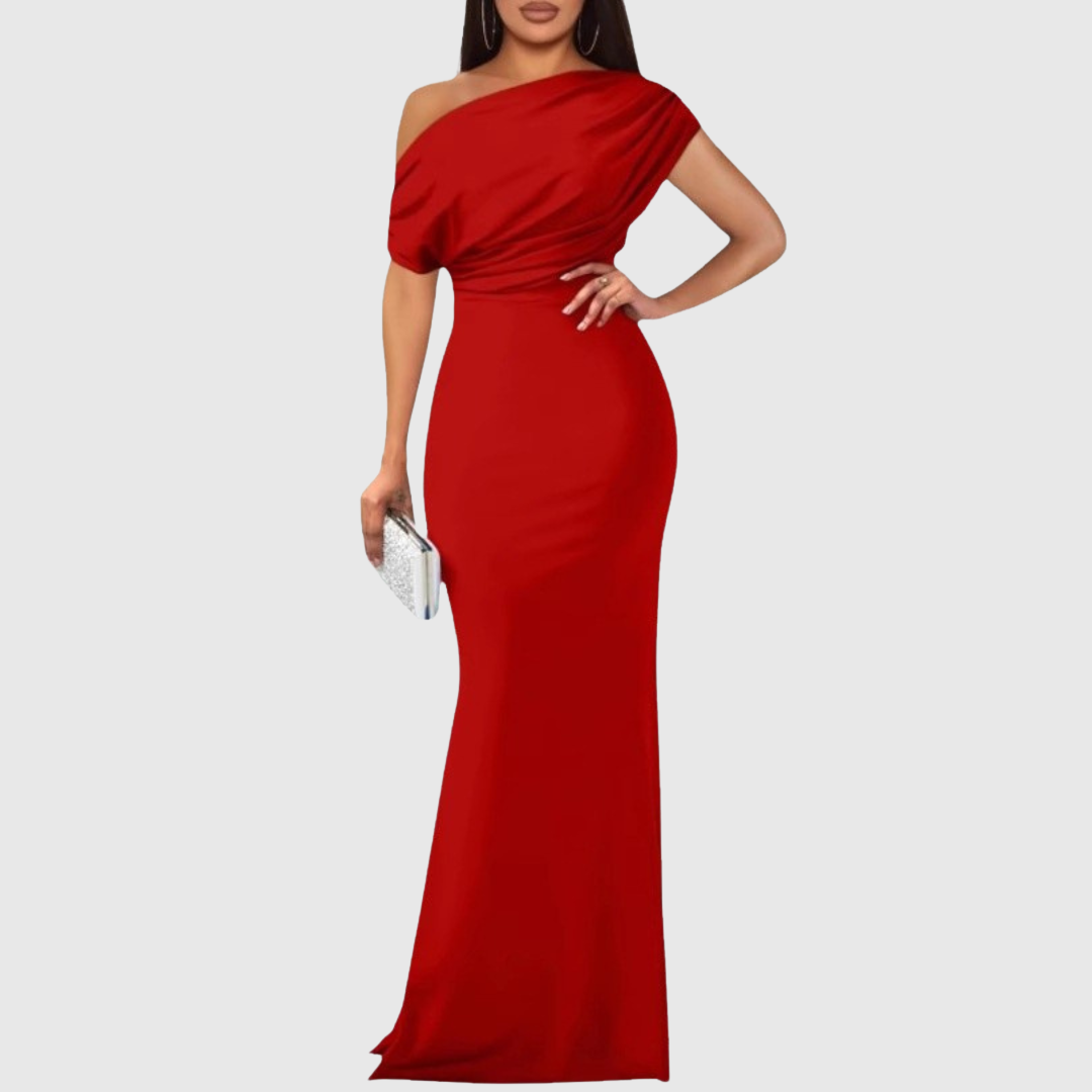 Stilvolles Damen Maxikleid mit One-Shoulder Schnitt, ein langes, elegantes Abendkleid für besondere Feste.