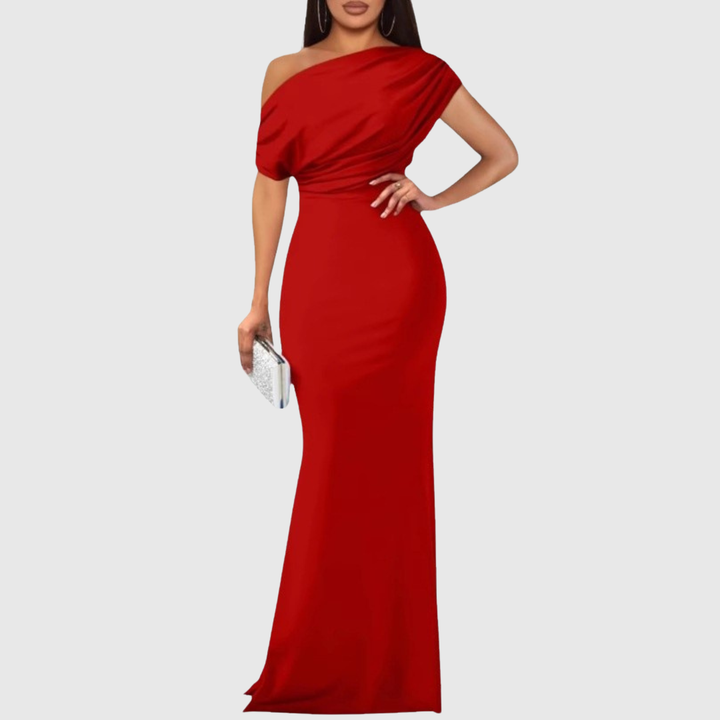Stilvolles Damen Maxikleid mit One-Shoulder Schnitt, ein langes, elegantes Abendkleid für besondere Feste.