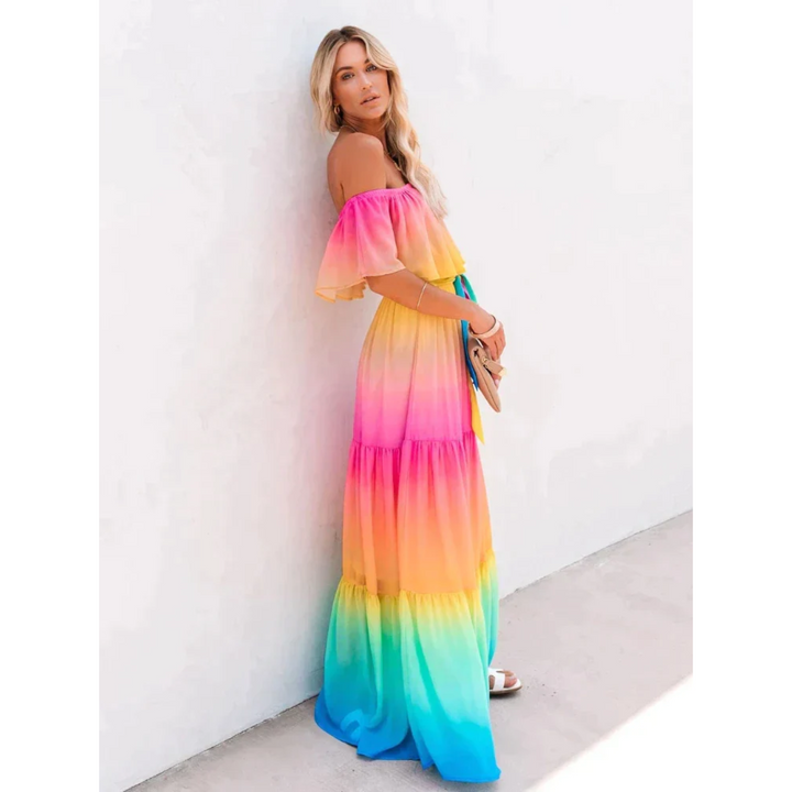 Mehrfarbiges, figurbetontes Damen Sommerkleid. Elegantes, ärmelloses Party- & Urlaubskleid für Frauen.