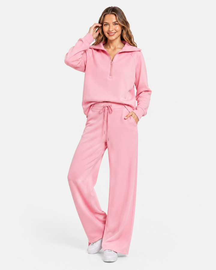 Vielseitiges Damen Hosen Set: Sportliches Sweatshirt mit Reißverschluss & bequeme weite Hose.