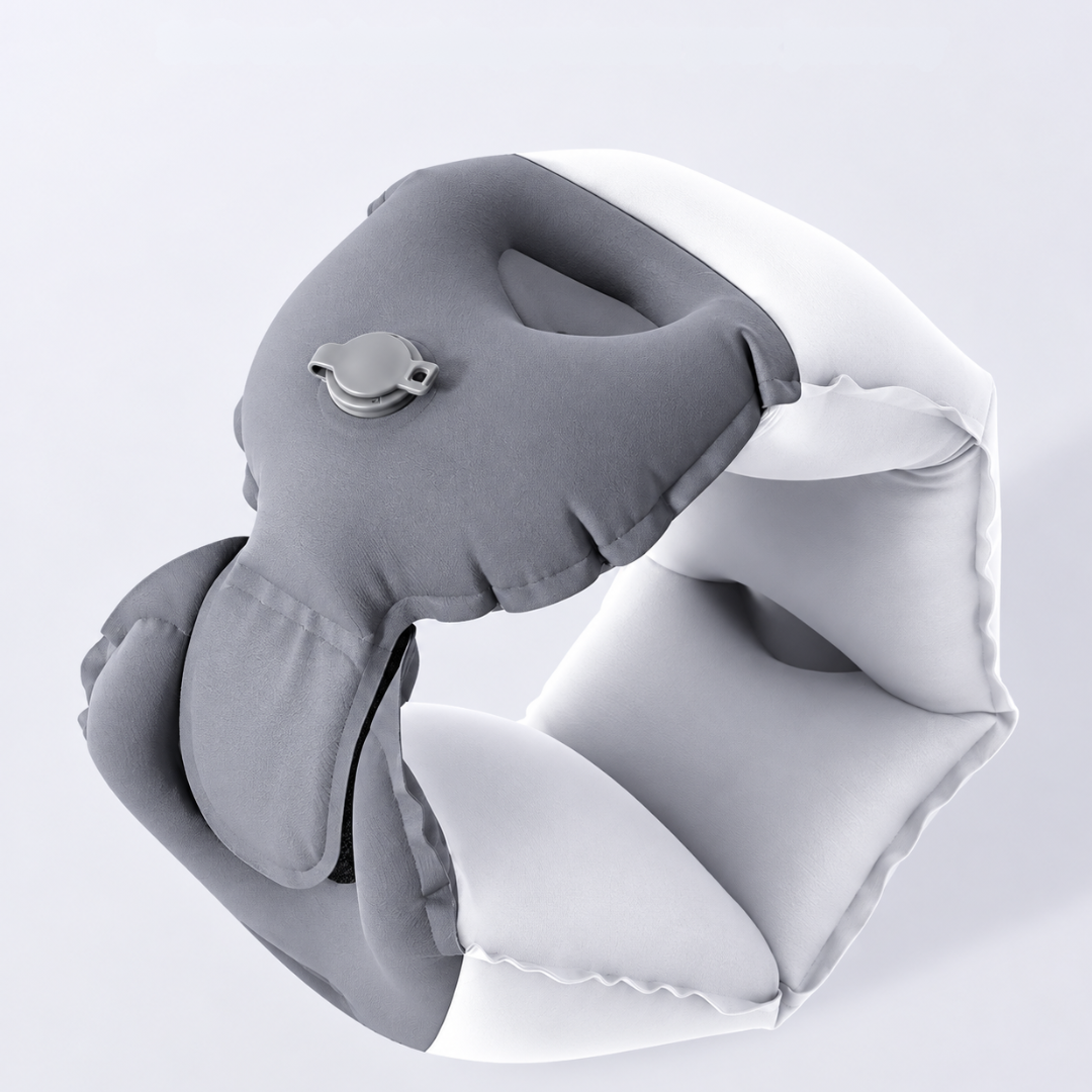 Schwarzes ergonomisches Nackenkissen, aufblasbar & leicht, perfekt für jede Reise und Entspannung.