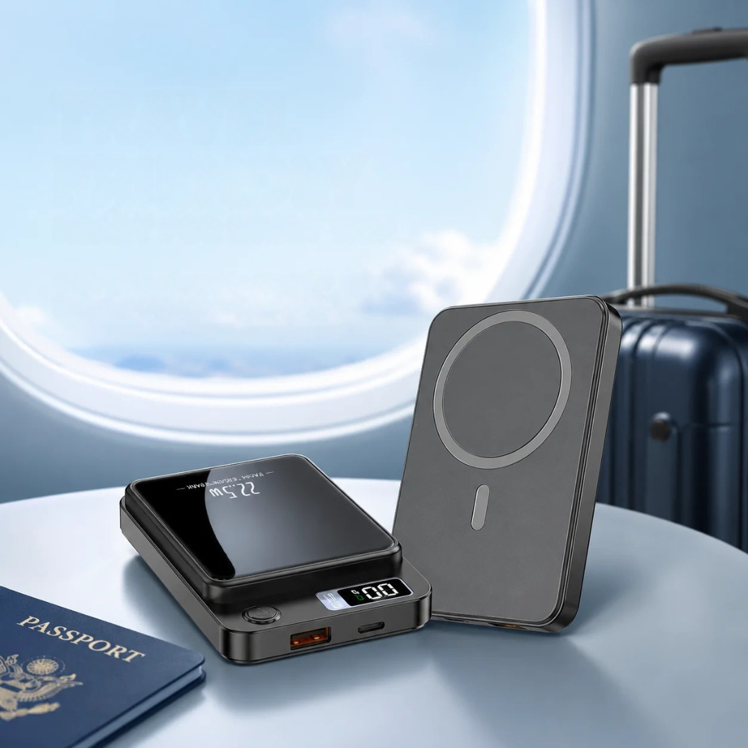 Handlicher externer Akku 20.000mAh mit kabelloser Ladefunktion und genauer Digitalanzeige.