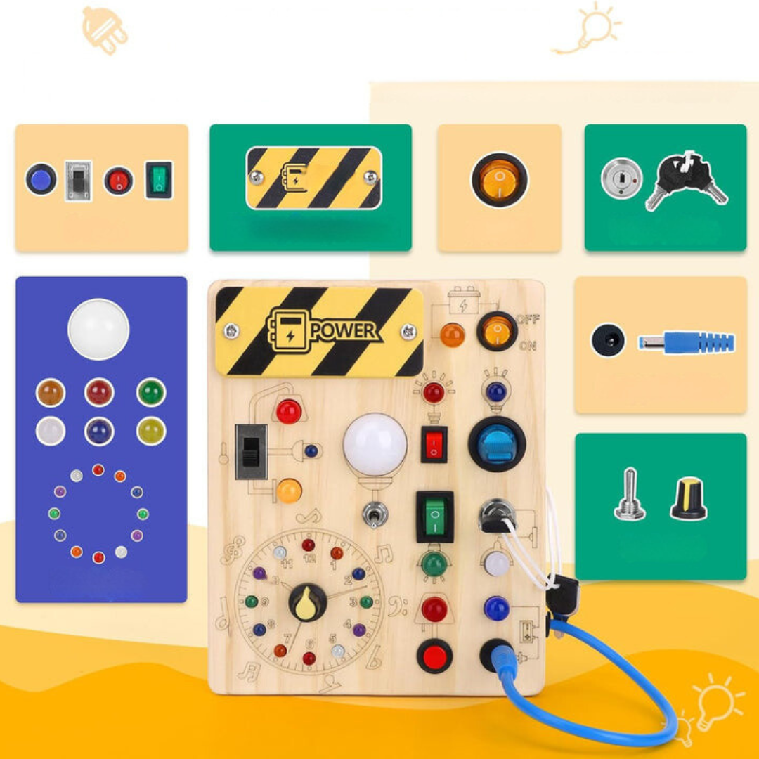 Kompaktes Montessori Reisespielzeug. Holz LED-Aktivitätsbrett mit 8 Kontakten, ideal für Motorik & Lernen unterwegs.