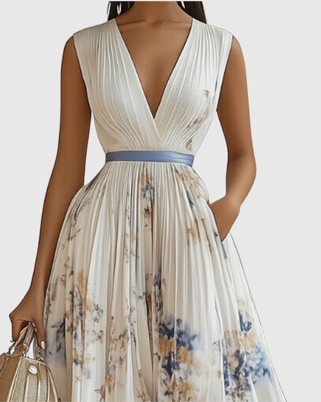 Damen Maxikleid plissiert, langärmlig, mit fließendem Stoff und modischem V-Ausschnitt.