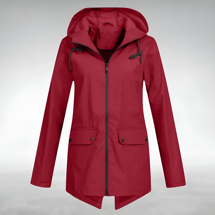 Vielseitige Damen Wasserdichte Freizeitjacke mit Kapuze. Optimal für Alltag & windiges Wetter im Herbst.