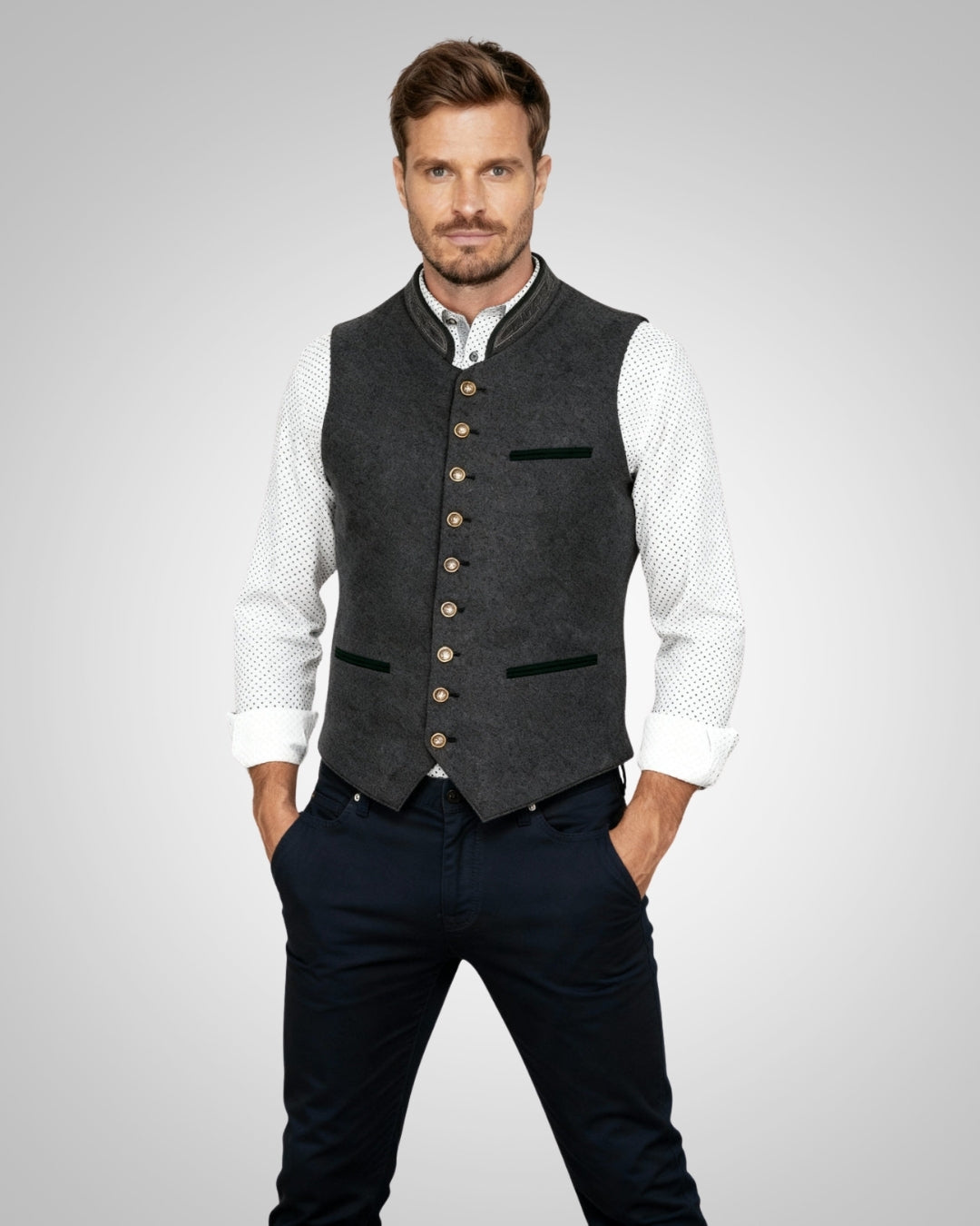 Klassische graue Herren Anzugweste, tailliert, ideal für Trachtenmode, Oktoberfest und traditionelle Feste.