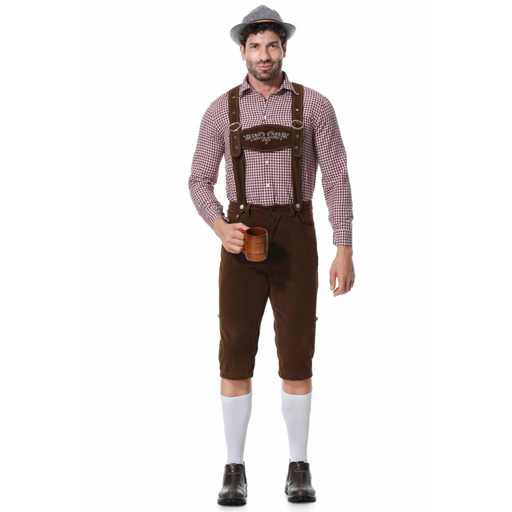 Festliches bayerisches Männer Trachten Outfit für Oktoberfest. Komplettes Set mit Lederhose, Hemd & Krawatte.