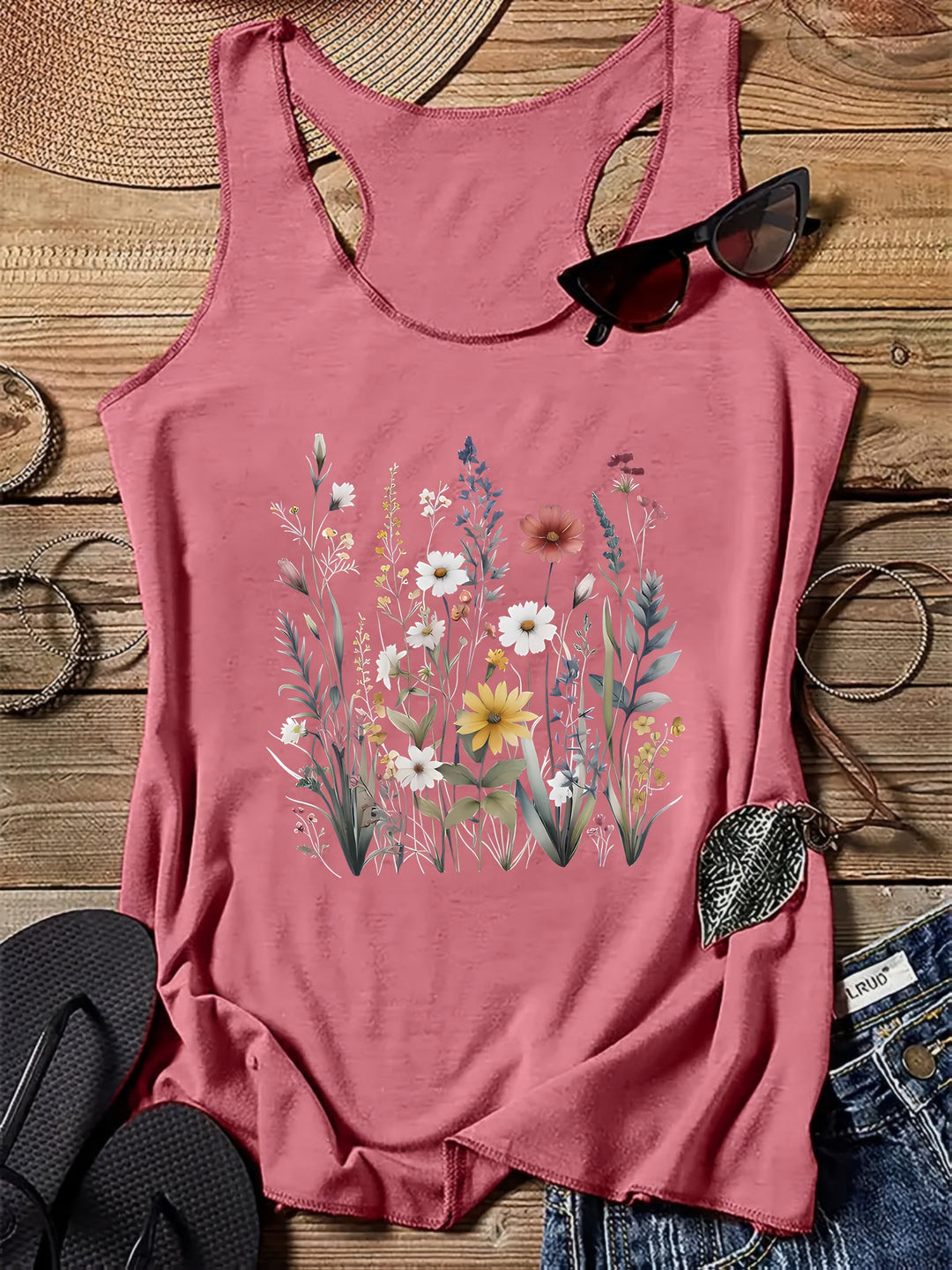 Damen Tanktop mit lebhaftem Wildblumen-Print, perfekt für den Sommer und einen lässigen Boho-Look.