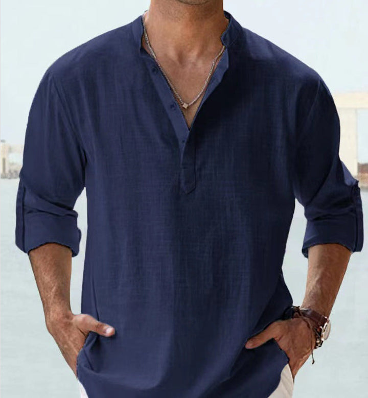 Entspanntes Herren-Hemd: Henley-Style mit Stehkragen und langen Ärmeln, perfekt für Casual-Look.