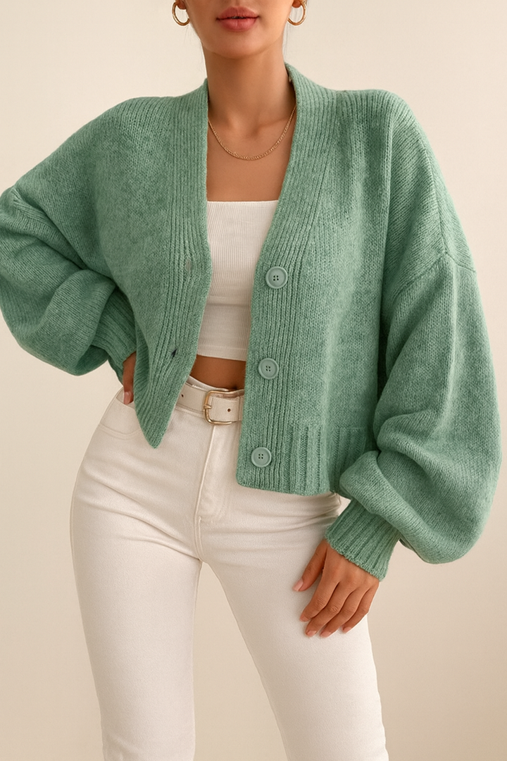 Trendiger Damen Strick-Cardigan, kurz geschnitten, mit modischen Puffärmeln und V-Ausschnitt, perfekt für den Herbst.