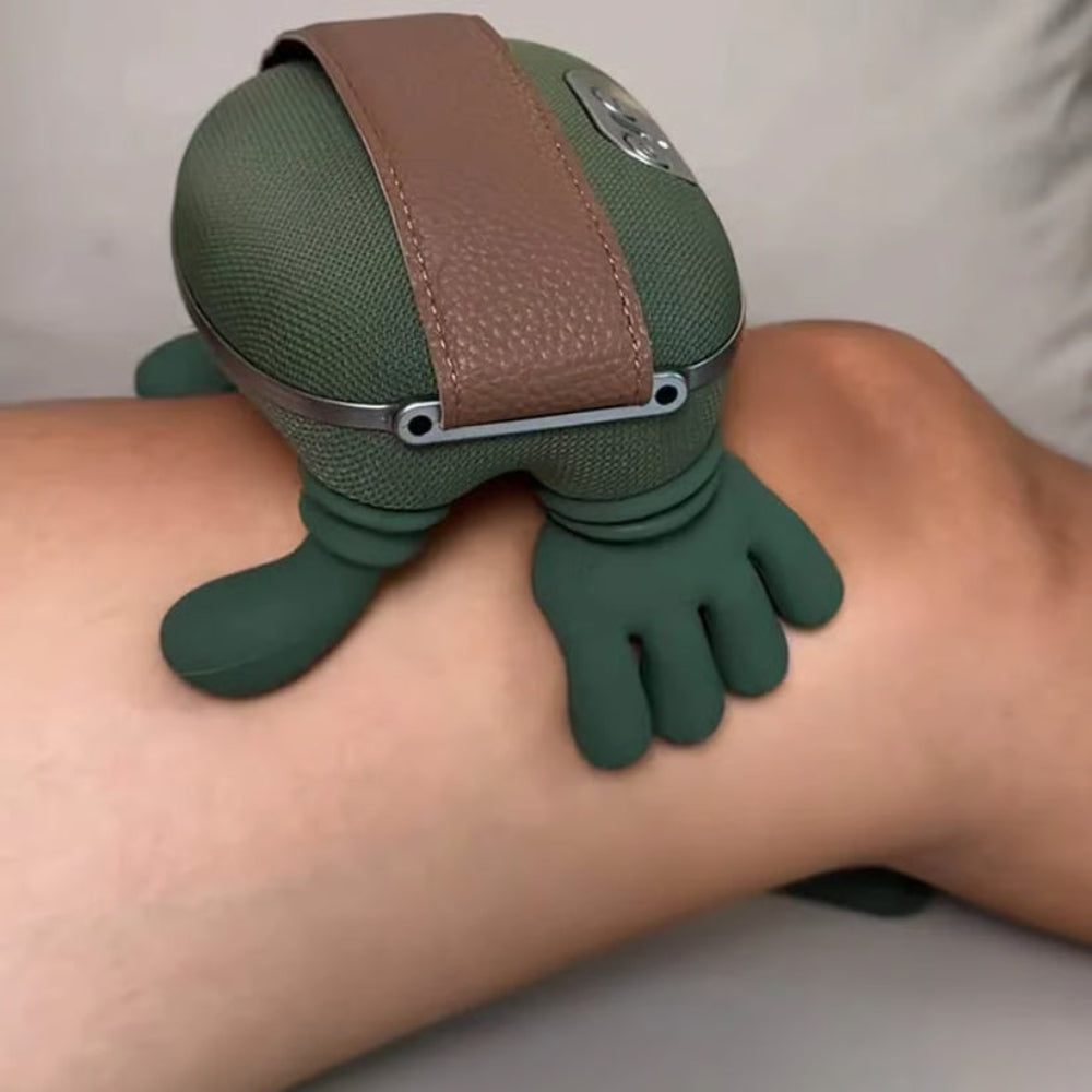 Detailaufnahme des wiederaufladbaren Massagegeräts: Bedienelemente für Wärme & Vibrationsmodi.