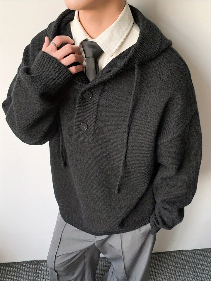 Dunkelgrauer Herren Strick Hoodie mit Knopfleiste, bequem für Freizeit & Casual Look.