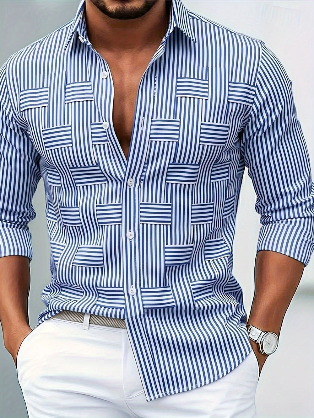 Nahaufnahme des Vintage Streifen Langarmhemds für Herren. Zeigt das gestreifte Retro-Muster und den Stoff.