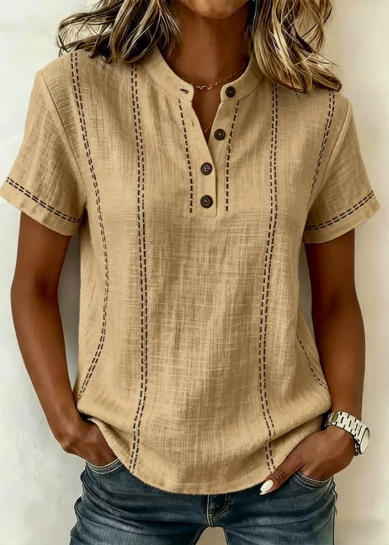 Modische Damenbluse mit kurzen Ärmeln, V-Ausschnitt und modernem Streifen-Patchwork-Design.