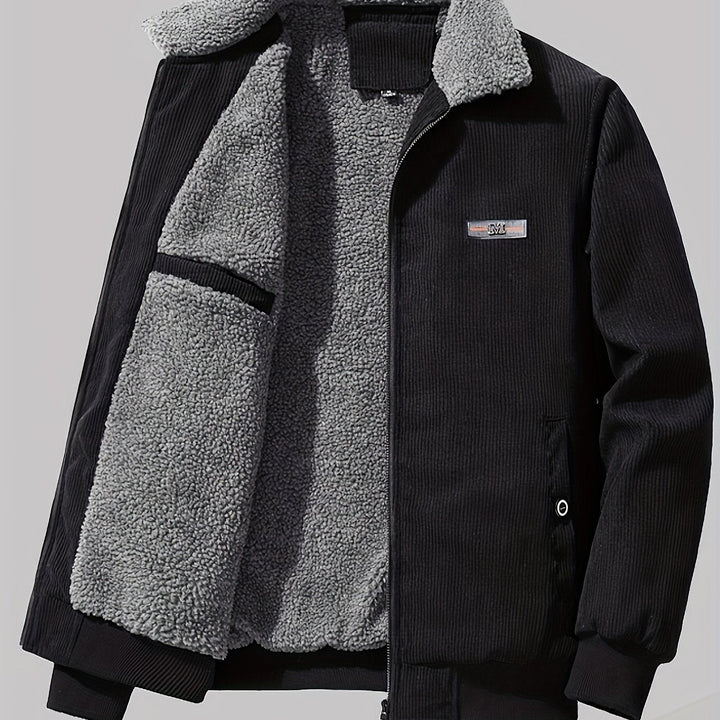 Warme Herren-Übergangsjacke in Schwarz, gefüttert, mit Reißverschluss & Stehkragen für Herren.