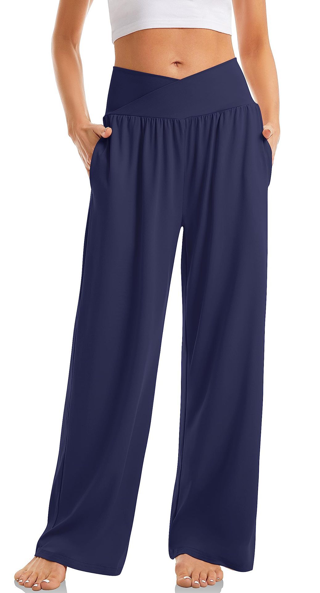 Damen Mavumo Hose mit V-Bund, weitem Bein & Taschen. Vielseitige Komforthose für Yoga & Alltag.