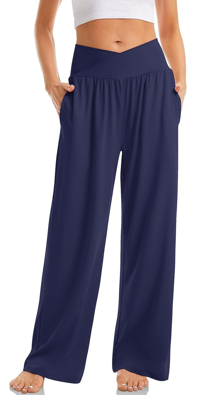 Damen Mavumo Hose mit V-Bund, weitem Bein & Taschen. Vielseitige Komforthose für Yoga & Alltag.