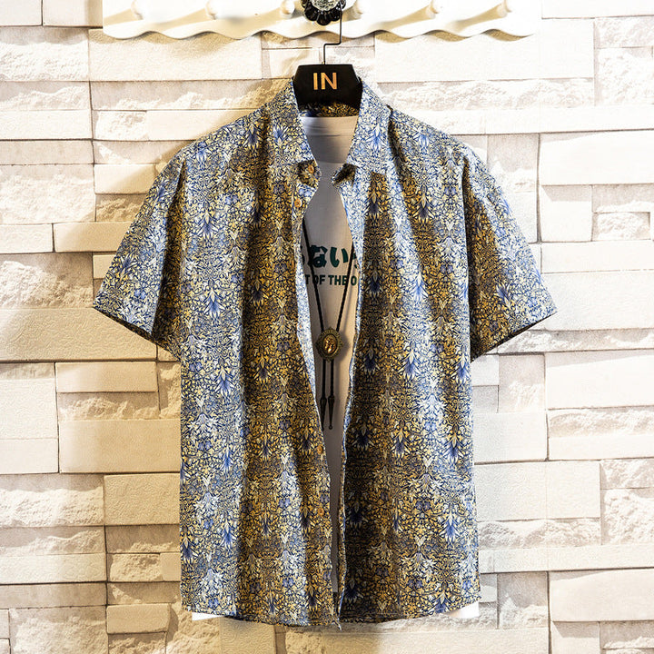 Herren Kurzarmhemd im Cardiganstil mit Blumenmuster, Reverskragen und Slim Fit für den Sommer.