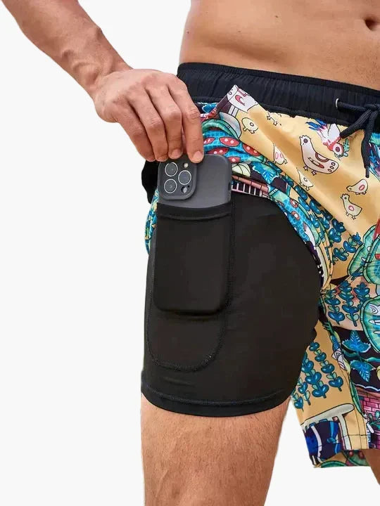 Männer Badeshorts mit Kompressions-Innenshorts für Komfort, schnell trocknend. Perfekt für den aktiven Mann.
