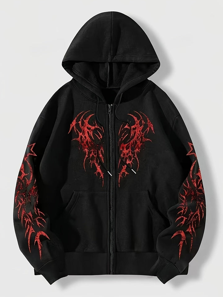 Herren Hoodie mit Reißverschluss und Tribal-Flügel-Print für bequeme Freizeitkleidung.