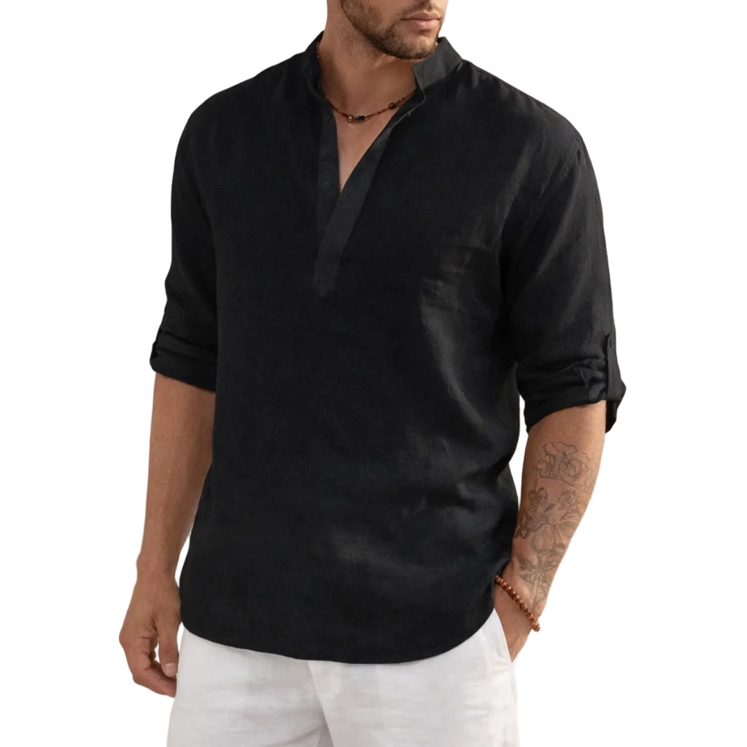 Vielseitiges Herrenhemd, Business Casual Look. Stehkragen, halbe Knopfleiste. Elegant und modern für stilvolle Männer.