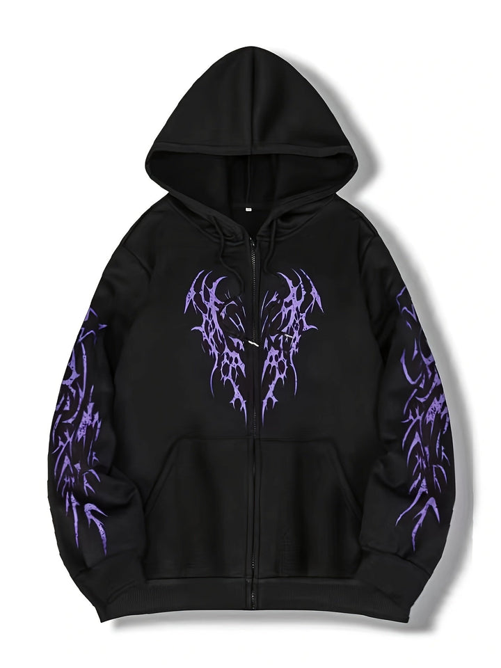 Herren Streetwear Hoodie mit Reißverschluss, auffälligem Tribal-Flügel-Print, ideal für den Alltag.