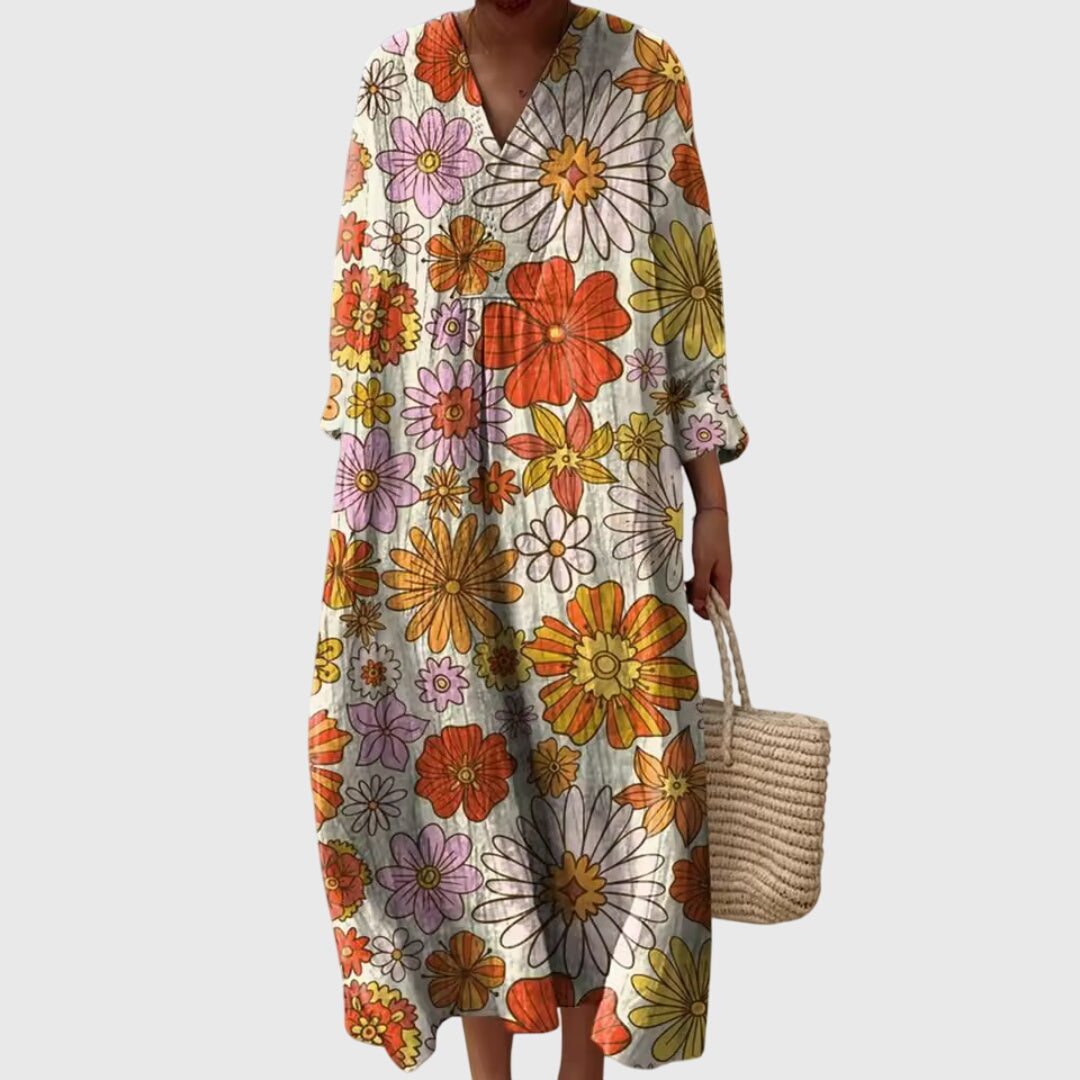 Elegantes Damen Langarm-Maxikleid im Boho-Stil mit Allover-Muster für Herbst.