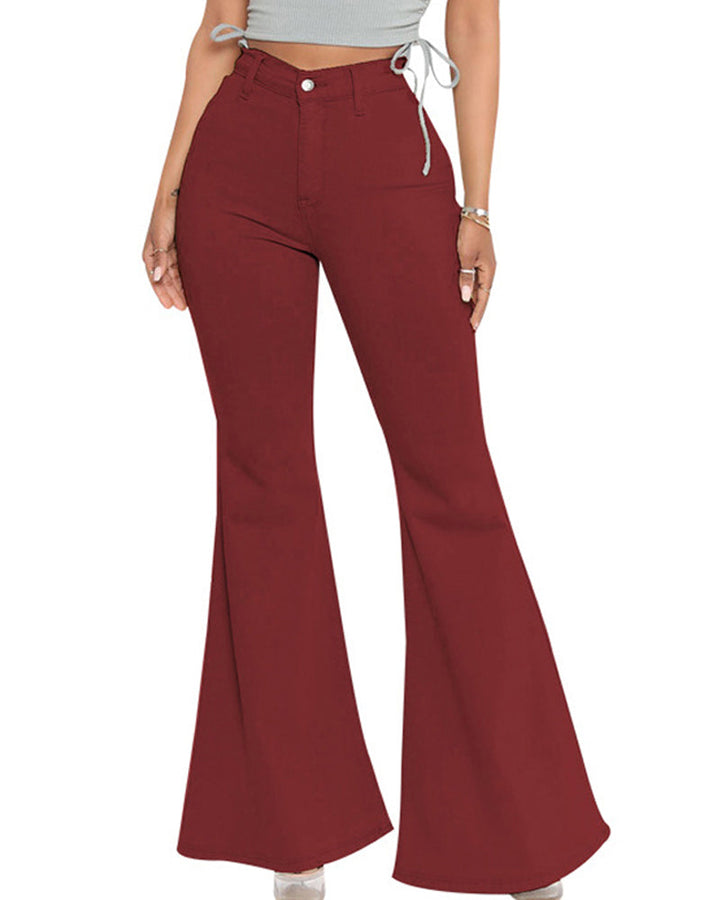 Mehrfarbige Damenjeans mit weitem Bein (Flare), aus bequemem Stretch-Denim, High Waist.