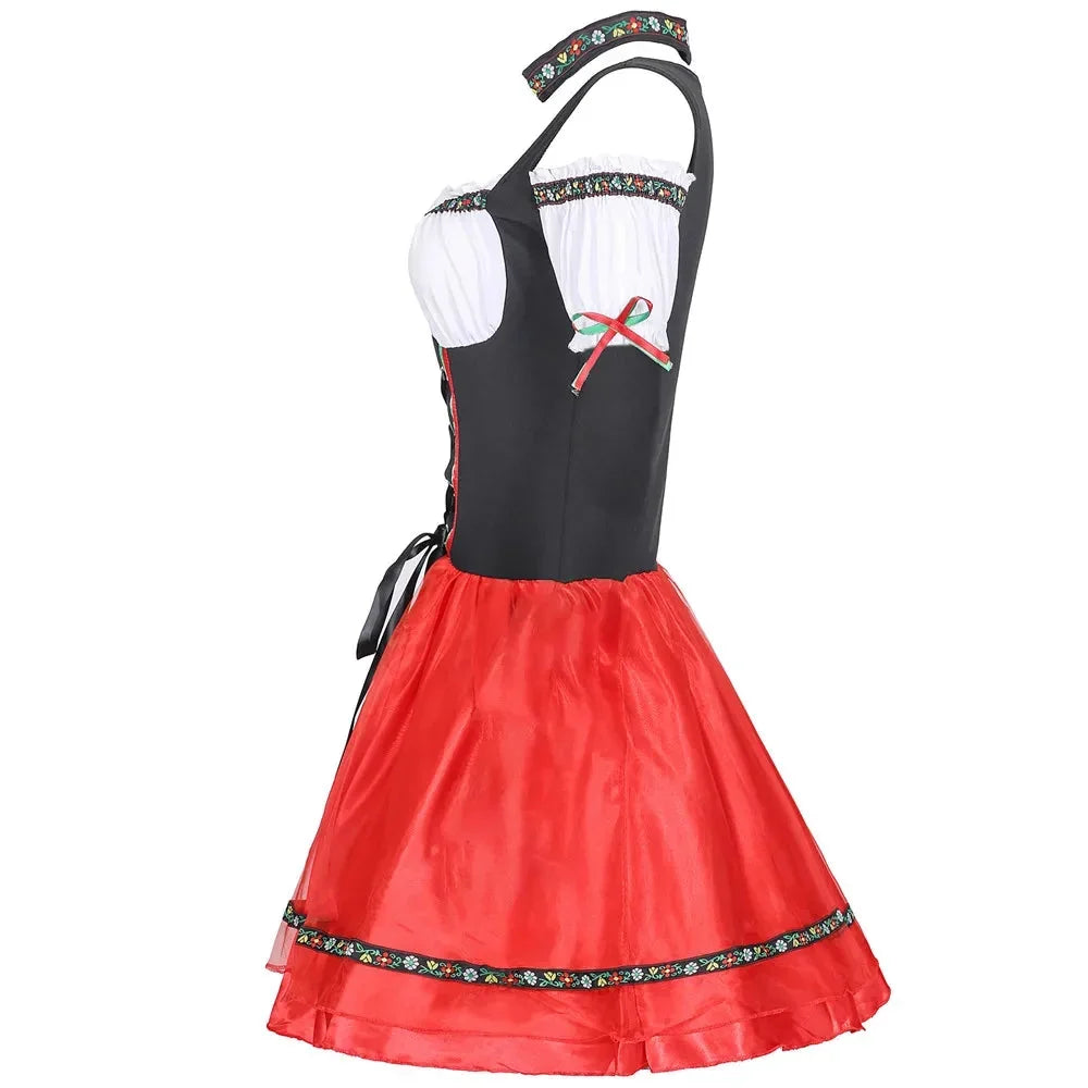 Festliches rotes Damen Dirndl Trachtenkleid schulterfrei mit Schnürung, ideal für Oktoberfest und Trachtenpartys.