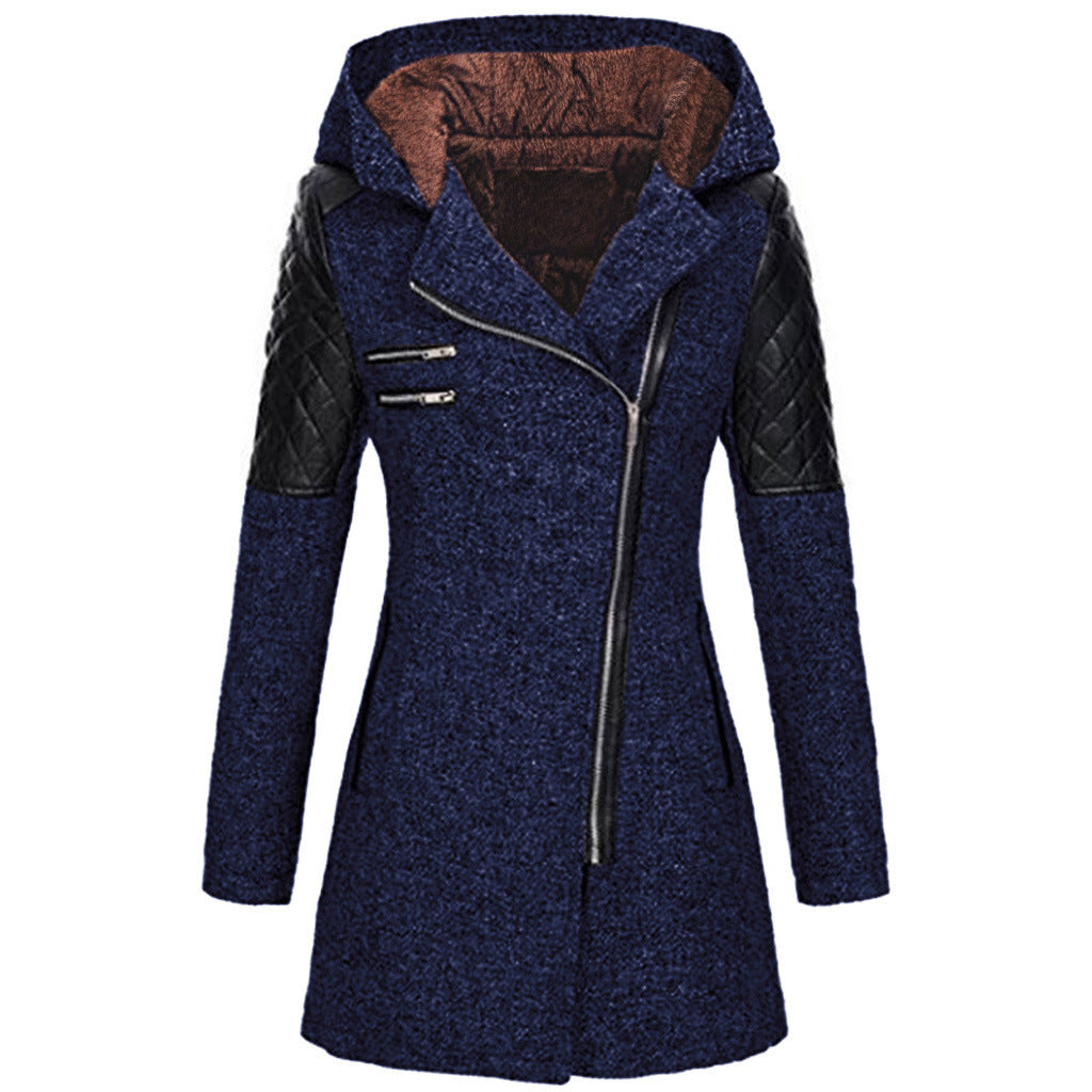 Eleganter Damenmantel im Biker-Stil; warme Winterjacke, modisch und stilvoll für Frauen.