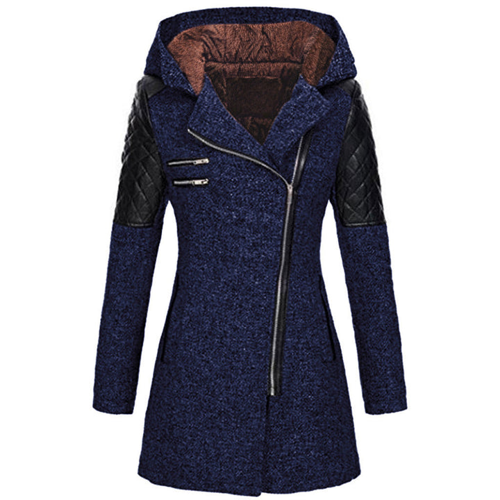 Eleganter Damenmantel im Biker-Stil; warme Winterjacke, modisch und stilvoll für Frauen.