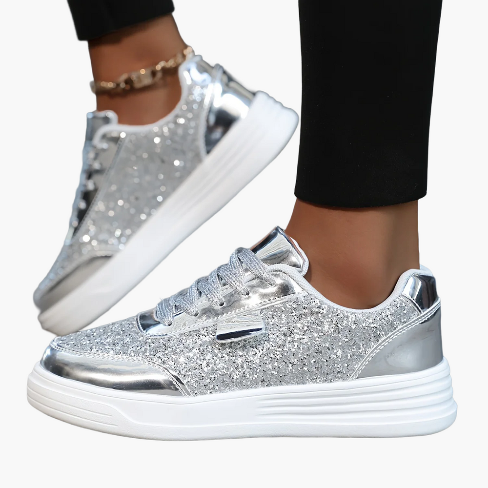Funkelnde Damen Glitzer Sneaker mit Plateau-Sohle. Modische Freizeitschuhe für Frühling, Sommer & Party.